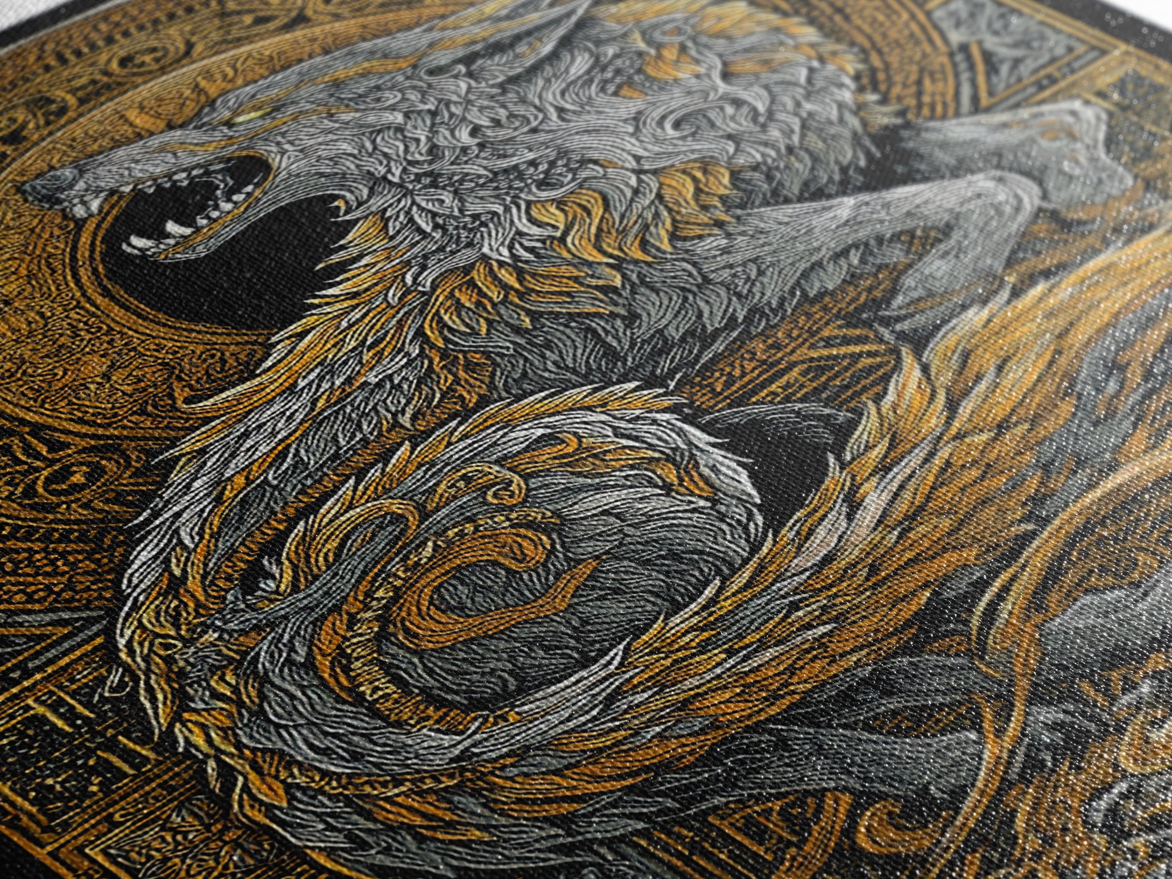 Fenrir Wolf Canvas Gold Art Canvas Art | Norse Mythology Viking Wolf Wall Decor for Dad Gift or Office Art | Real Wood Frame