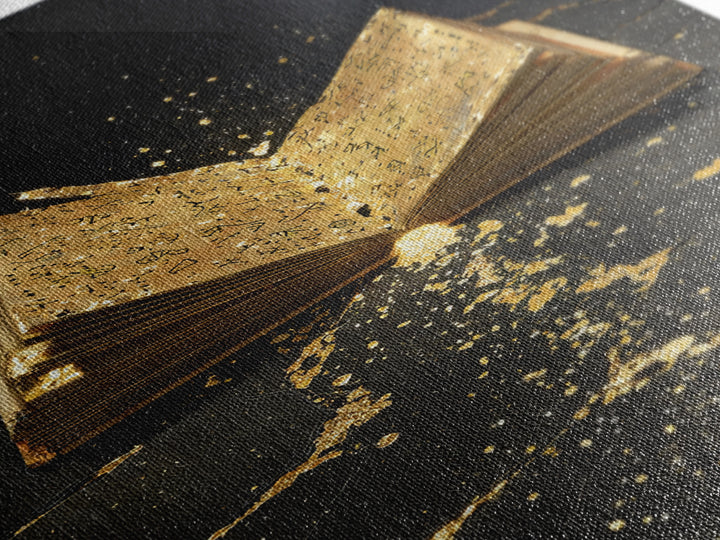 Ancient Rune Book Canvas Gold Art Canvas Art | Norse Mythology Viking Decor for Office Art or Man Cave | Natural Wood Framing