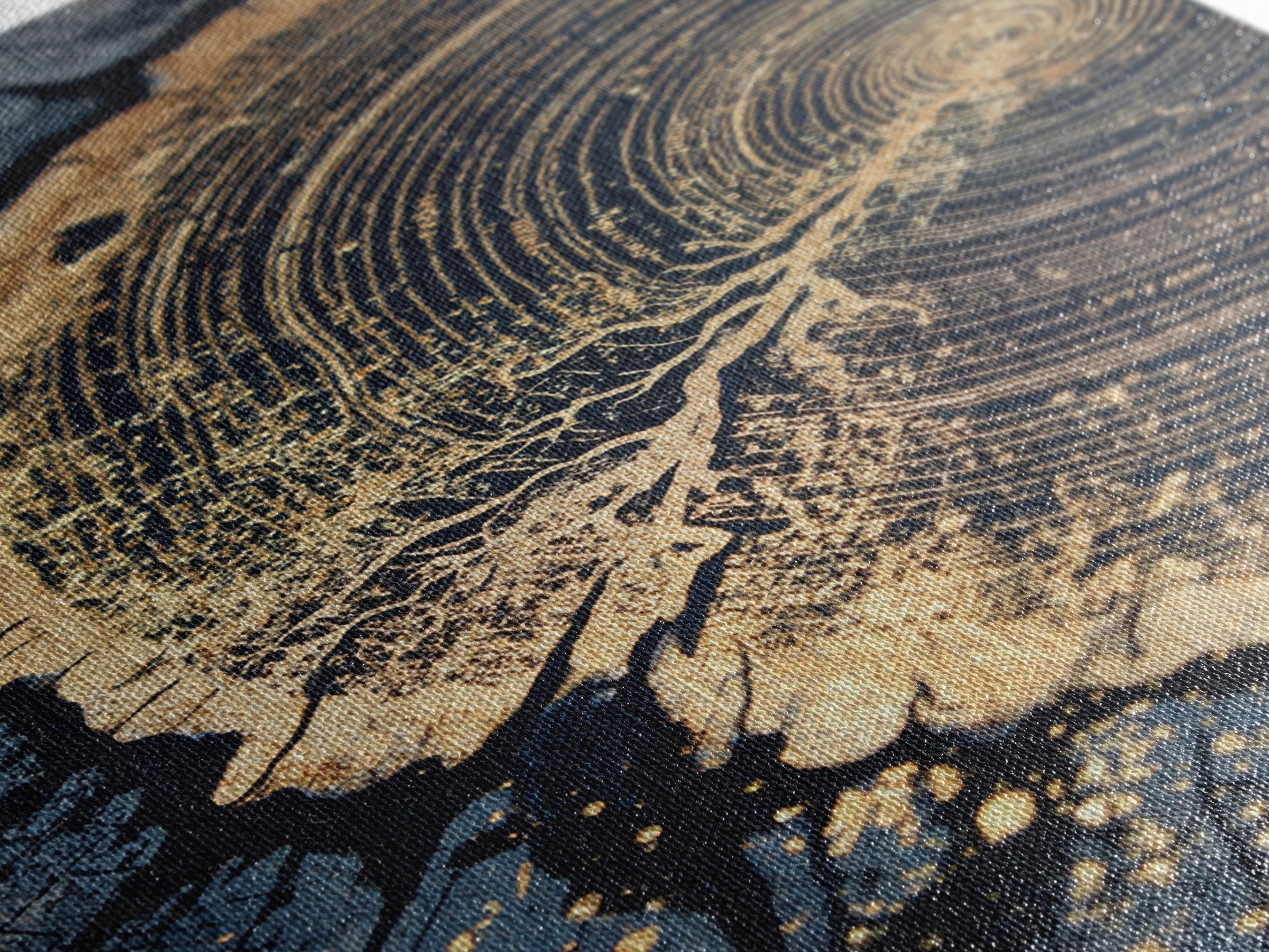 Odin’s Yggdrasil Tree Ring Canvas Gold Art, Nordic Mythology Canvas Art for Man Cave or Office, framed in natural real wood