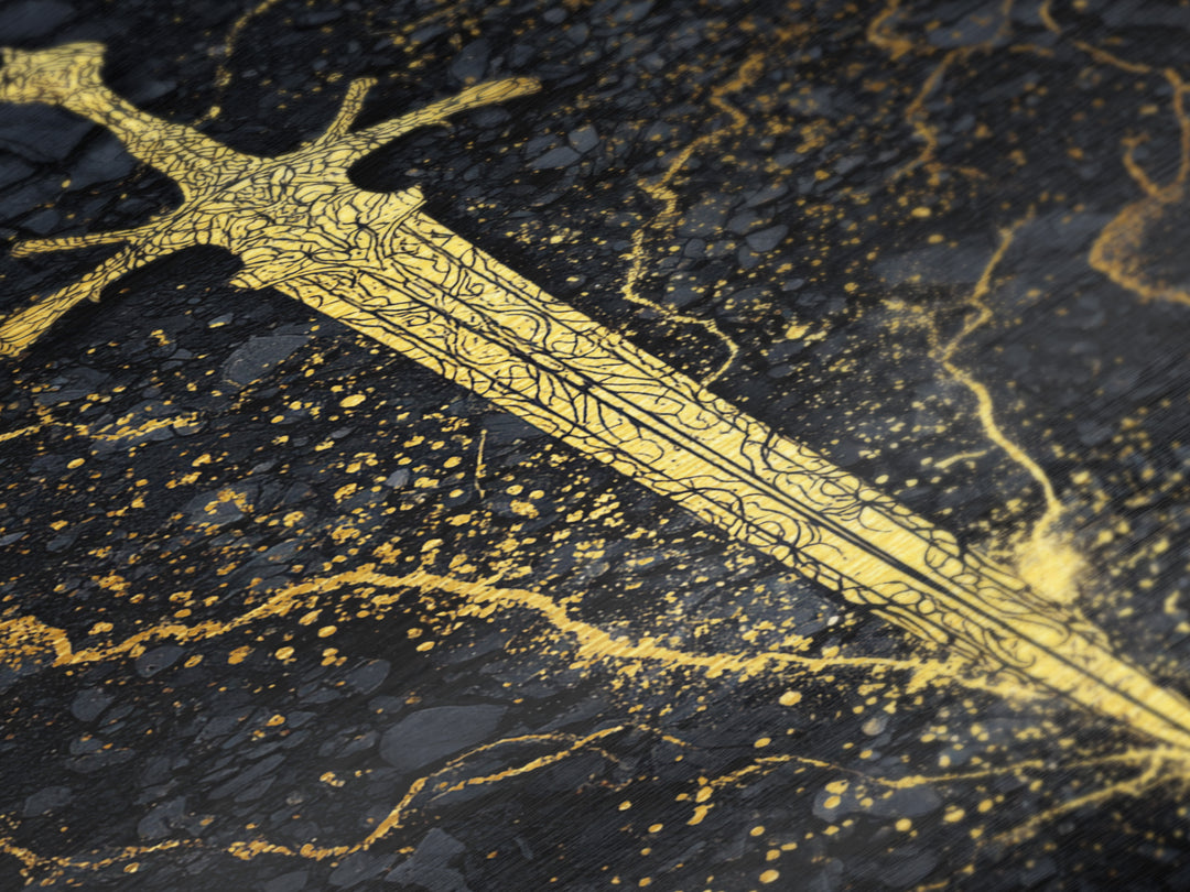 Nordic Sword of Legends Metallic Gold Art, Norse Mythology Inspired Metal Art for Man Cave or Office, with real wood frame
