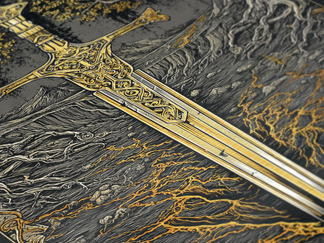 Yggdrasil Sword Metallic Gold Art, Nordic Mythology Metal Art for Office or Dad Gift, handcrafted and framed in real natural wood
