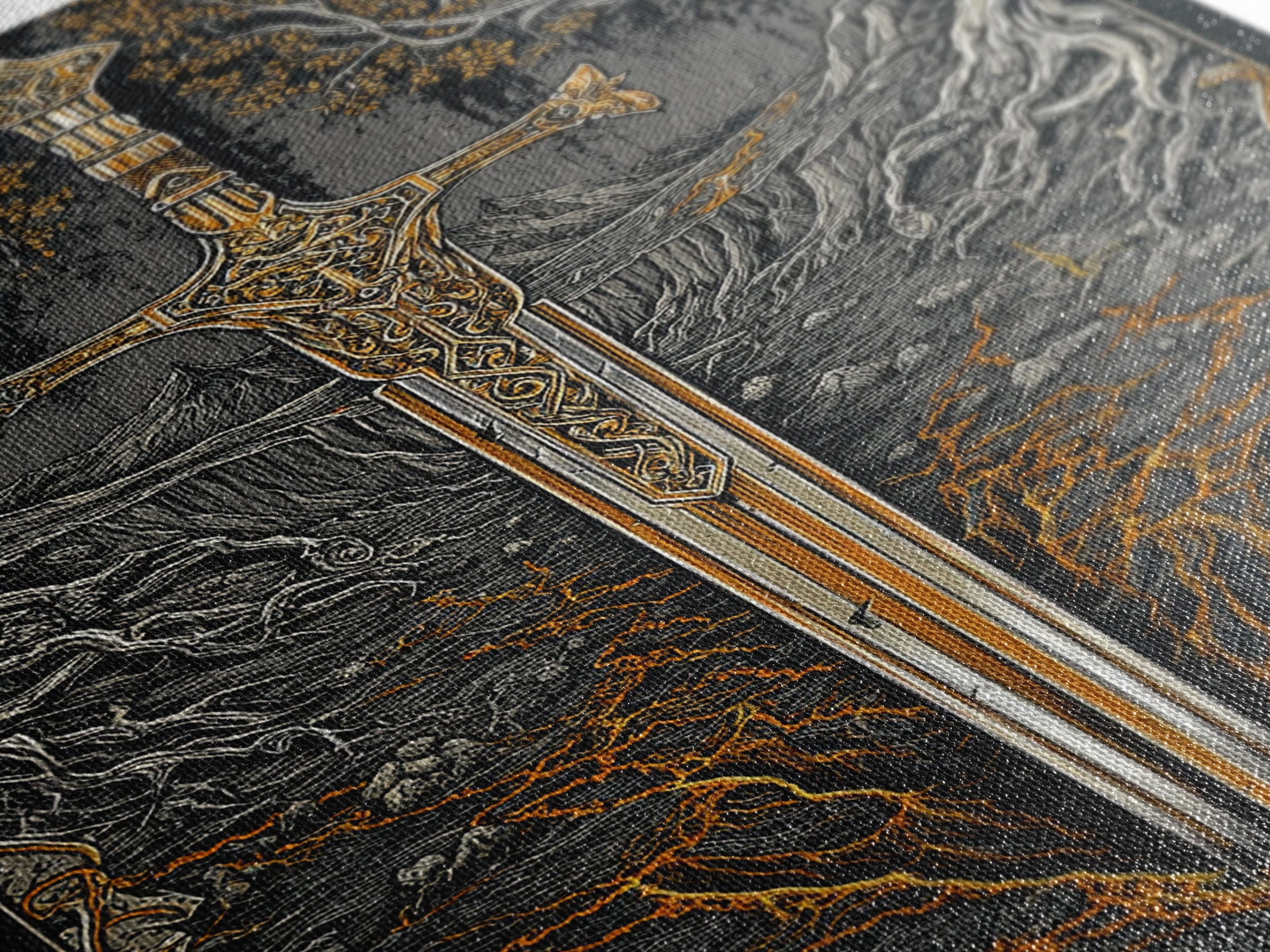 Yggdrasil Sword Canvas Gold Art, Nordic Mythology Canvas Art for Office or Dad Gift, handcrafted and framed in real natural wood