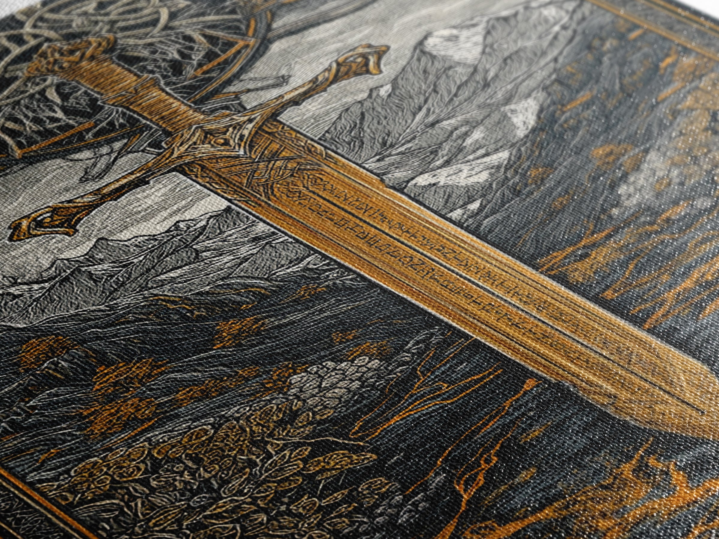 Norse Saga Sword Canvas Gold Art, Viking Inspired Canvas Art for Man Cave or Office, Nordic Mythology Wall Decor in real wood frame
