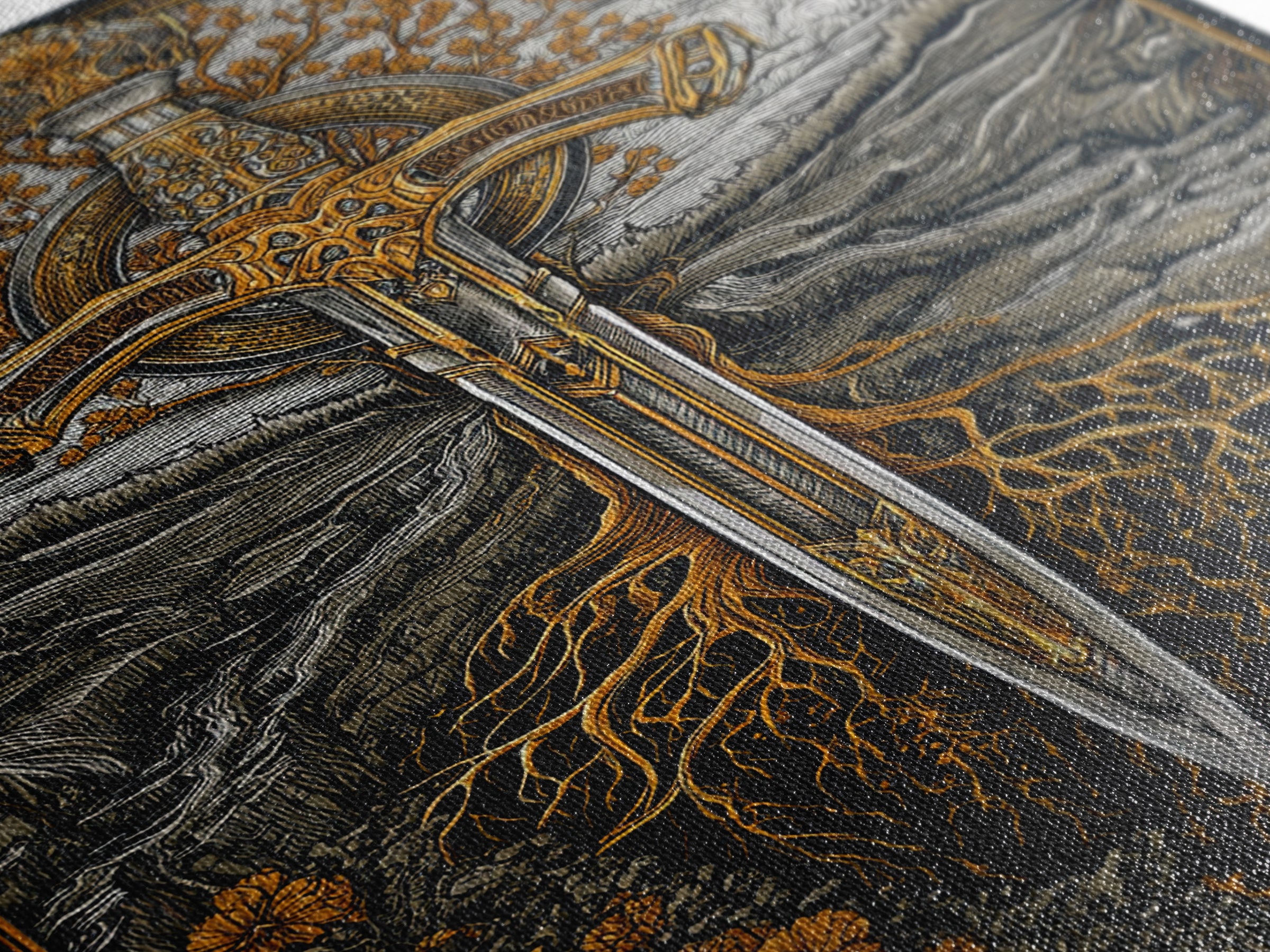 Nordic Sword of Yggdrasil Canvas Gold Art Canvas Art | Viking Mythology Wall Decor for Man Cave or Office | Framed in Real Wood