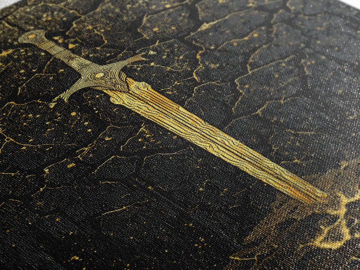 Cracked Earth Viking Blade Canvas Gold Art Canvas Art | Norse Mythology Wall Decor for Office or Man Cave | Framed with Real Wood