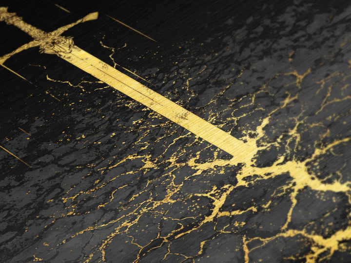 Norse Warrior Sword Metallic Gold Art Metal Art | Viking Mythology Weapon Wall Decor Dad Gift | Office Art with Natural Wood Frame