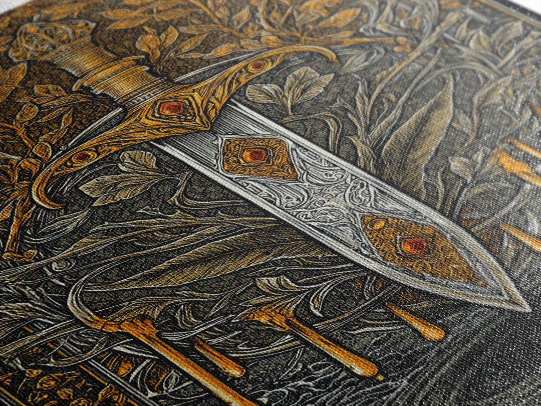 Golden Rune Sword Canvas Gold Art Canvas Art | Viking Mythology Weapon Wall Decor for Dad Gift | Office or Man Cave in Real Wood Frame