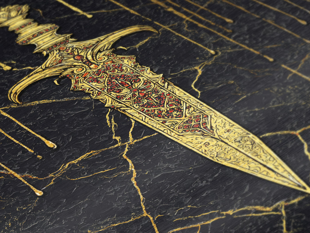 Norse Royal Dagger Metallic Gold Art Metal Art | Viking Weapon Mythology Wall Decor Office Art | Framed with Solid Natural Wood