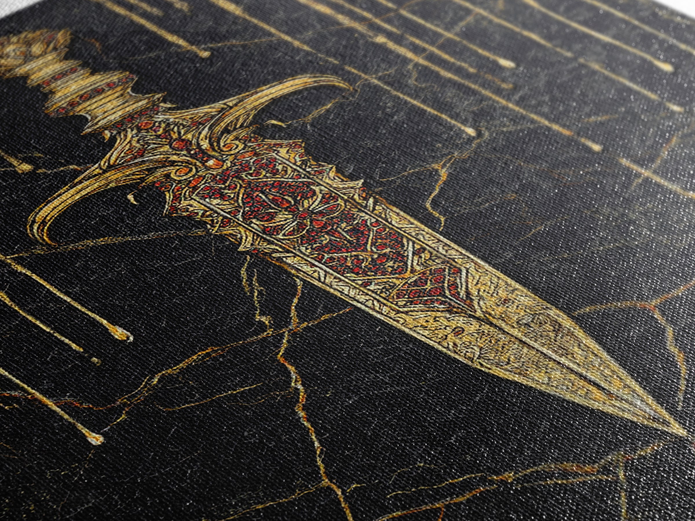 Norse Royal Dagger Canvas Gold Art Canvas Art | Viking Weapon Mythology Wall Decor Office Art | Framed with Solid Natural Wood