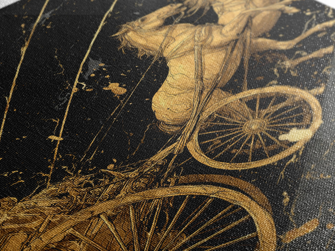 Norse Chariot Canvas Gold Art Canvas Art | Viking Mythology Horse Chariot Wall Decor for Office or Man Cave | Framed in Natural Wood
