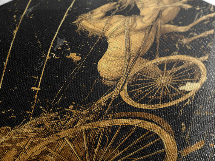 Norse Chariot Canvas Gold Art Canvas Art | Viking Mythology Horse Chariot Wall Decor for Office or Man Cave | Framed in Natural Wood