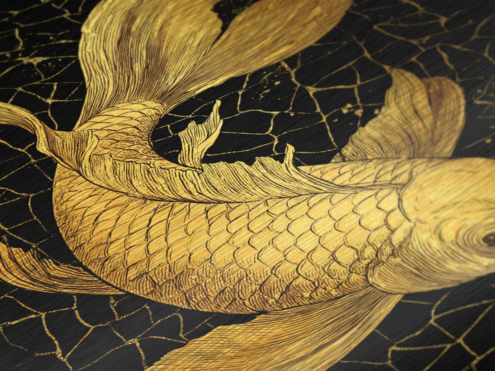 Nordic Mythology Metallic Gold Art Metal Art Koi Fish Wall Decor, Viking Inspired Gift for Men, Framed in Real Wood