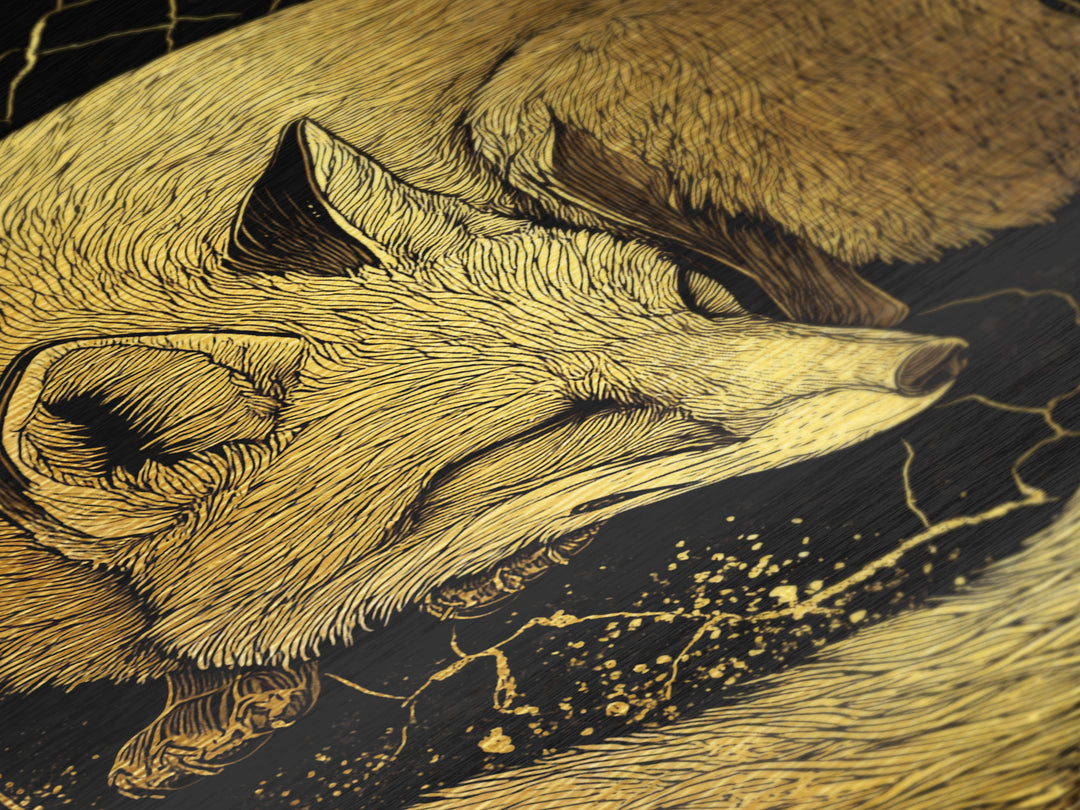 Nordic Sleeping Fox Metallic Gold Art Metal Art Decor, Viking Myth Inspired Animal Wall Hanging with Natural Wood Frame