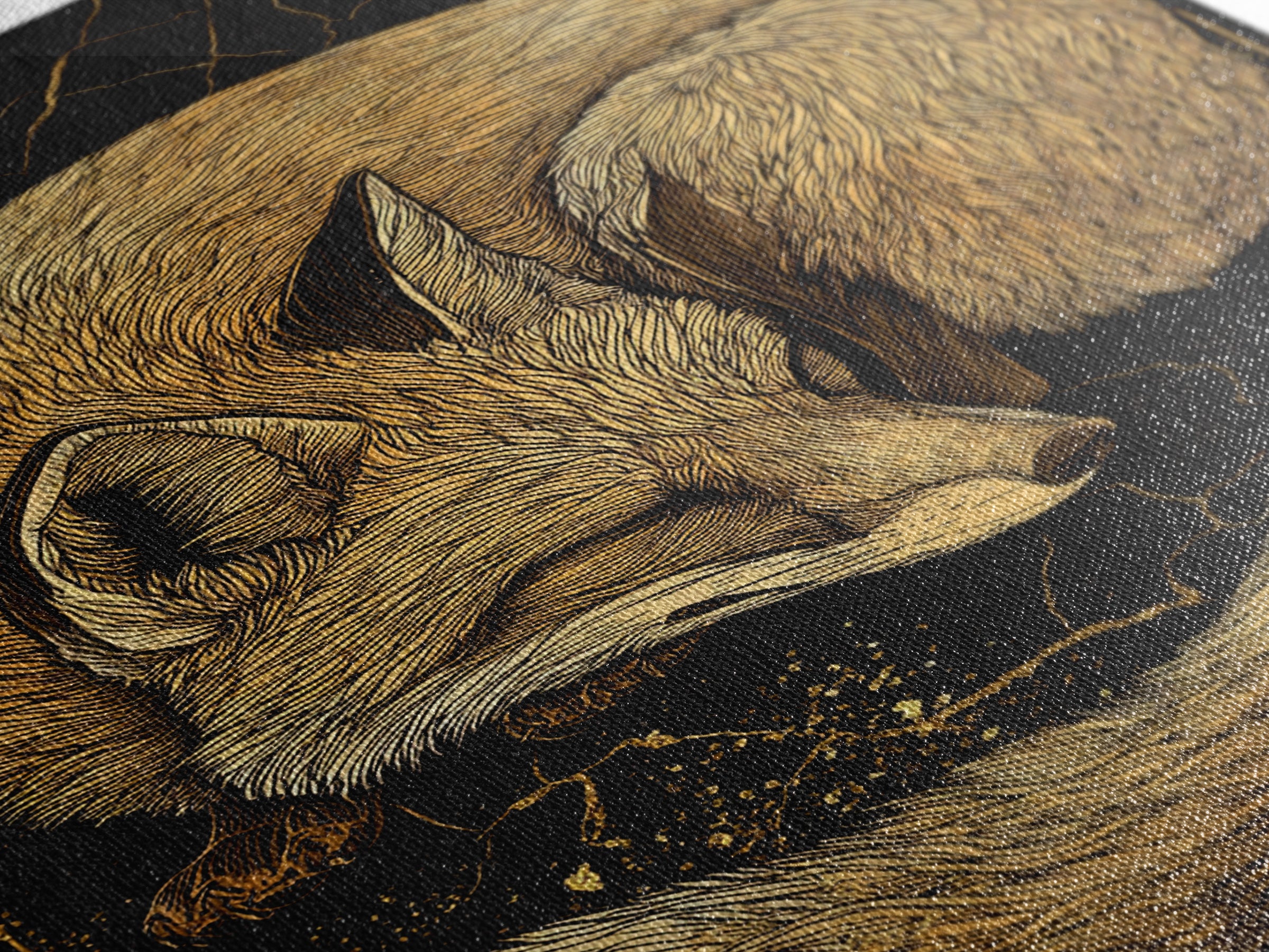 Nordic Sleeping Fox Canvas Gold Art Canvas Art Decor, Viking Myth Inspired Animal Wall Hanging with Natural Wood Frame