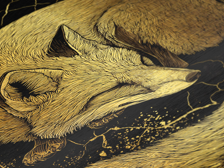 Nordic Sleeping Fox Metallic Gold Art Metal Art Decor, Viking Myth Inspired Animal Wall Hanging with Natural Wood Frame