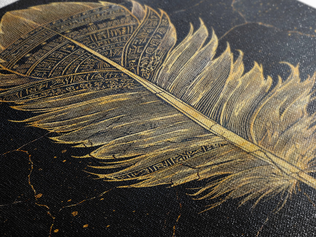 Canvas Gold Art Nordic Feather Canvas Art Wall Decor, Viking Myth Symbol Artwork for Men’s Office or Dad Gift, Real Wood Frame