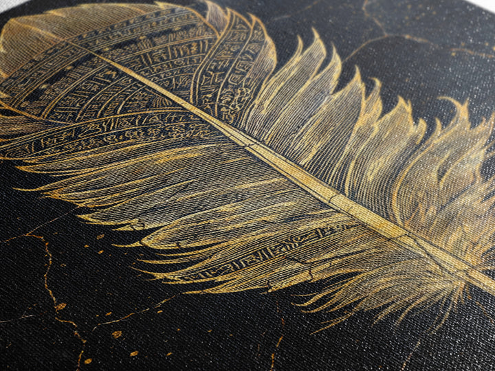 Canvas Gold Art Nordic Feather Canvas Art Wall Decor, Viking Myth Symbol Artwork for Men’s Office or Dad Gift, Real Wood Frame