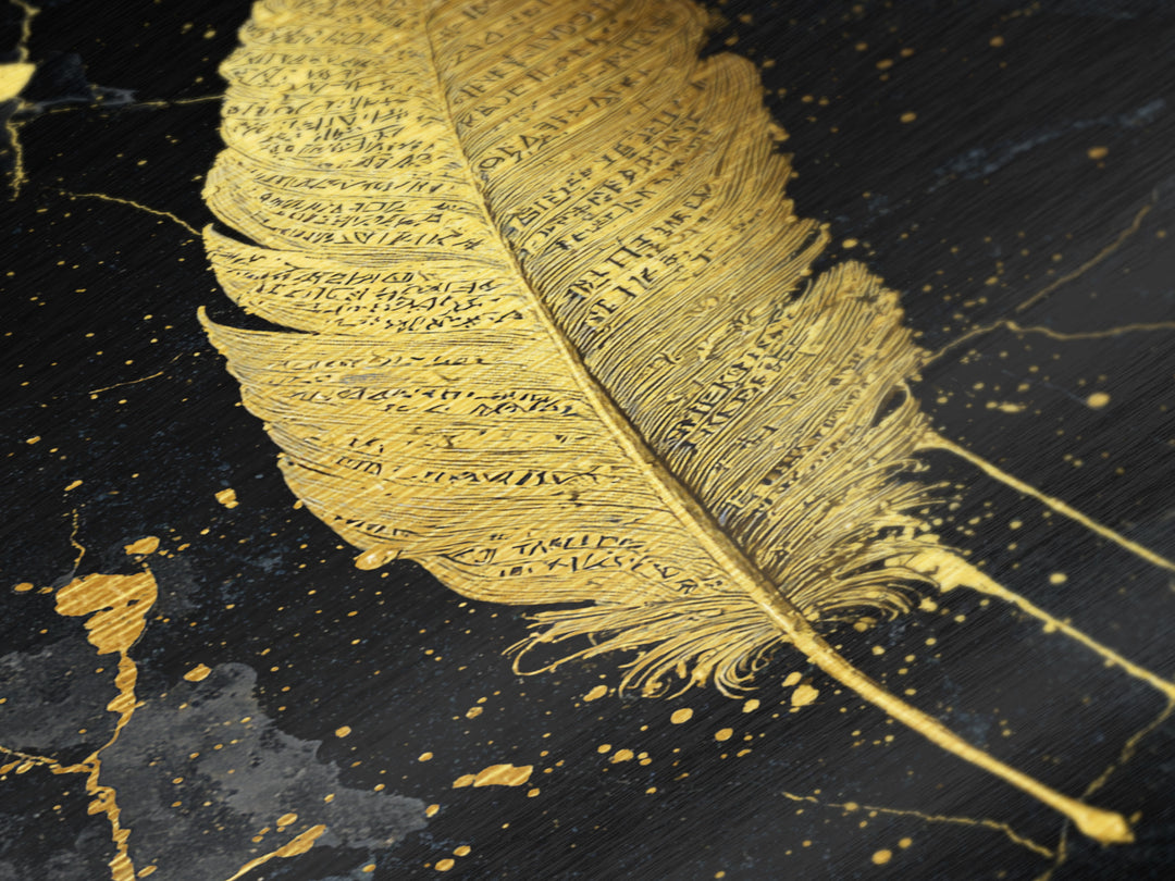 Runic Feather Metallic Gold Art, Nordic Mythology Inspired Metal Art for Office or Man Cave, Framed in Natural Wood