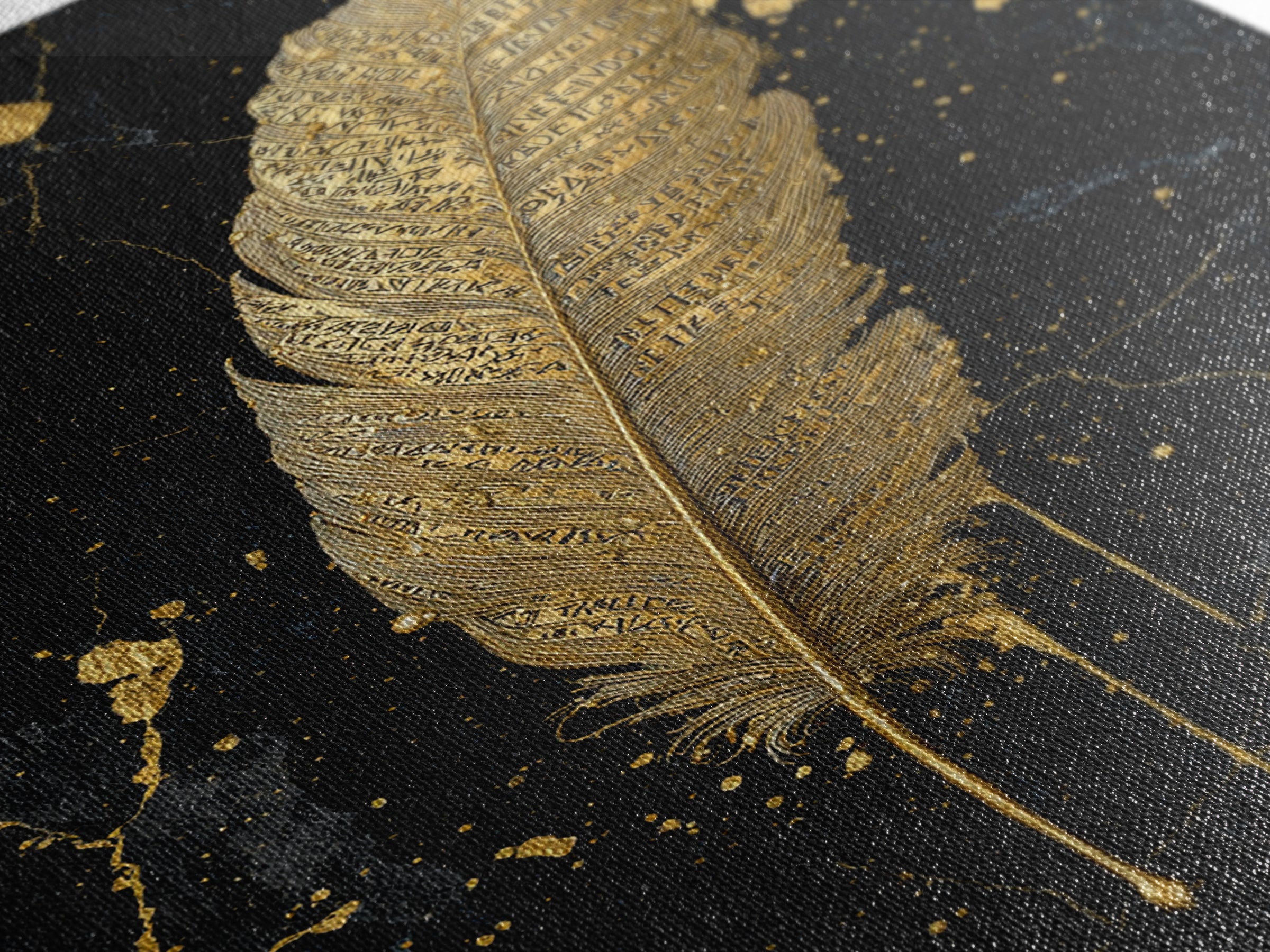 Runic Feather Canvas Gold Art, Nordic Mythology Inspired Canvas Art for Office or Man Cave, Framed in Natural Wood