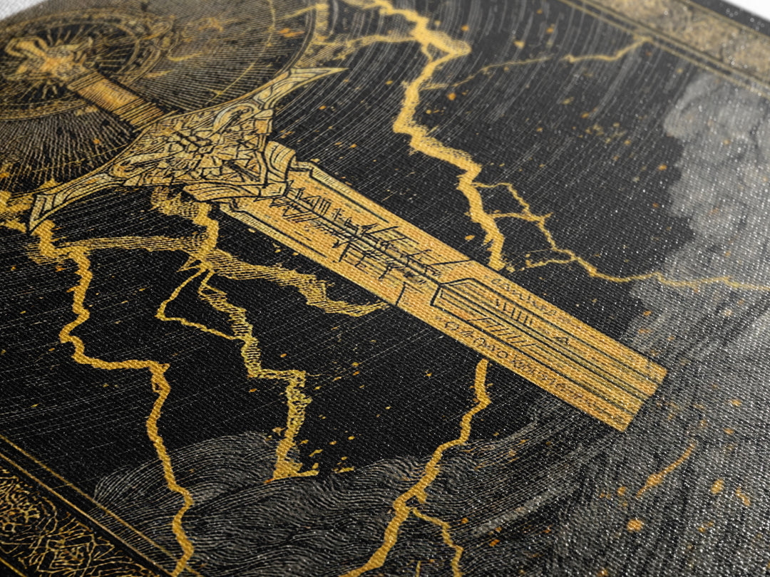 Thor’s Sword Canvas Gold Art, Viking Weapon Nordic Mythology Canvas Art for Man Cave or Office Wall, Real Wood Frame Included