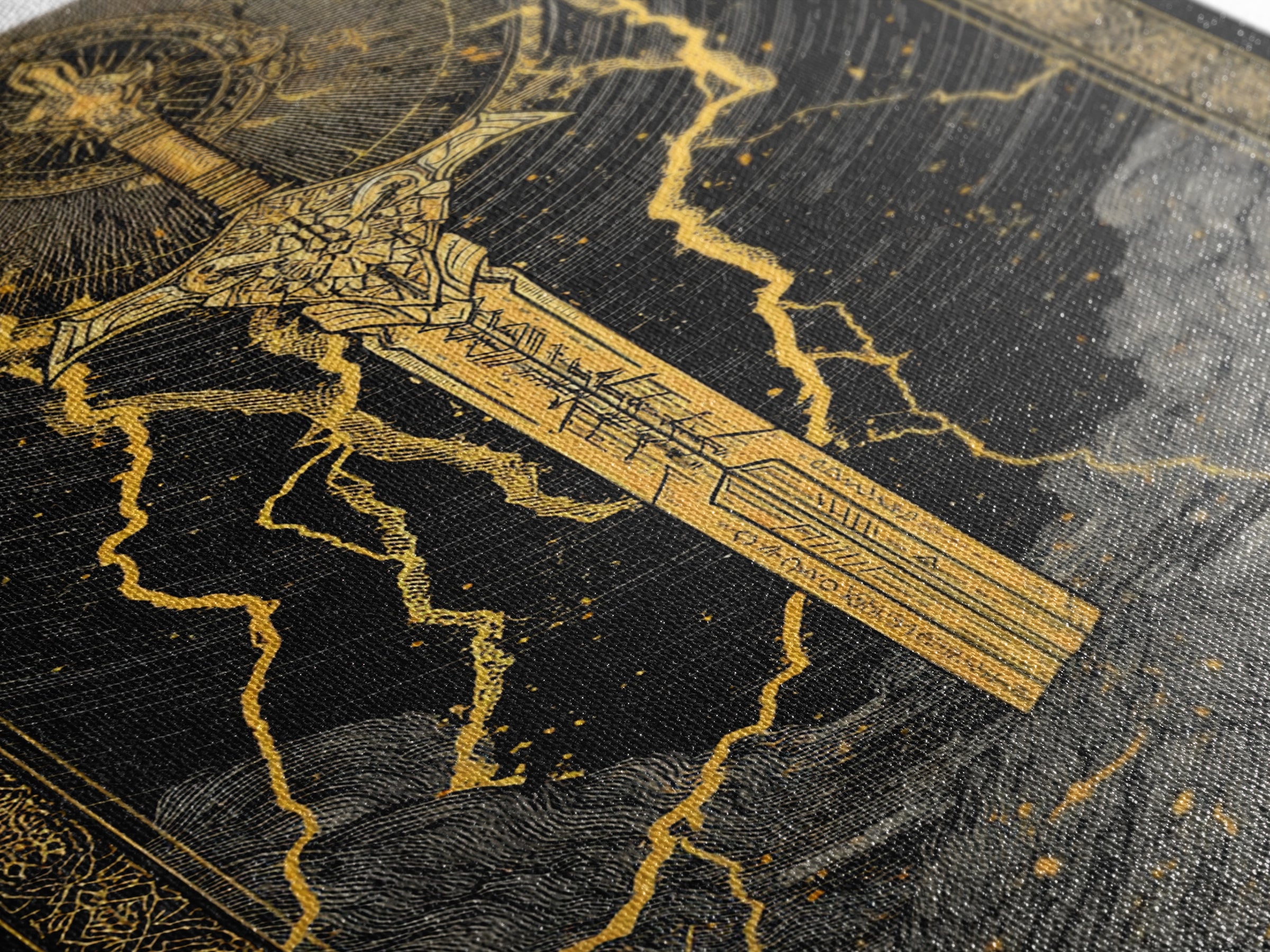 Thor’s Sword Canvas Gold Art, Viking Weapon Nordic Mythology Canvas Art for Man Cave or Office Wall, Real Wood Frame Included