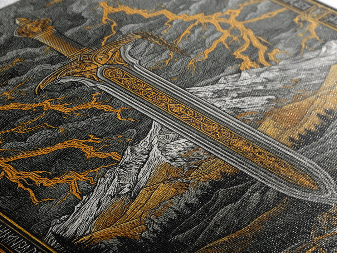 Odin’s Blade Canvas Gold Art, Lightning and Mountain Viking Sword Nordic Canvas Art, Office or Man Cave Decor, Wood Framed