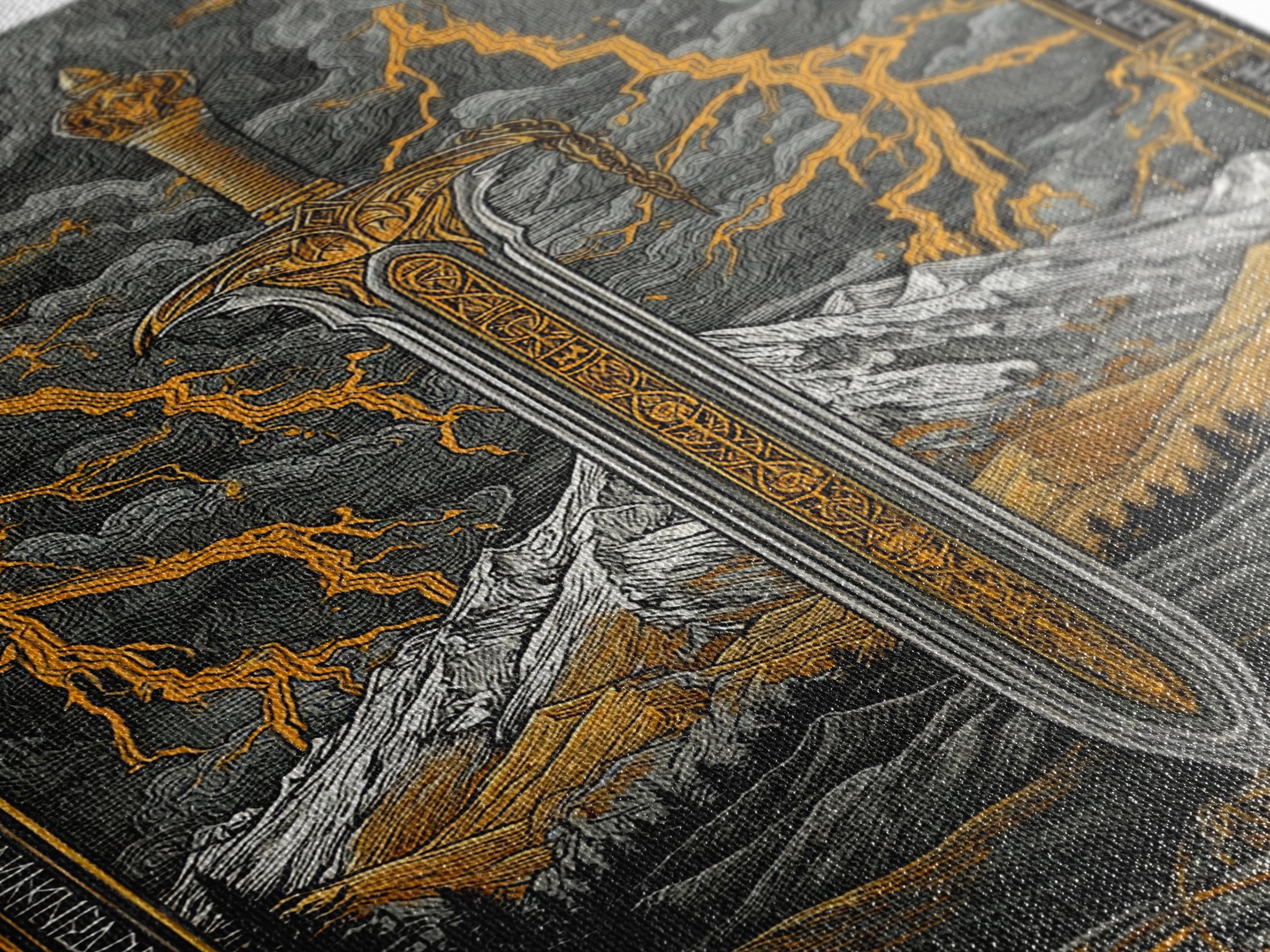 Odin’s Blade Canvas Gold Art, Lightning and Mountain Viking Sword Nordic Canvas Art, Office or Man Cave Decor, Wood Framed
