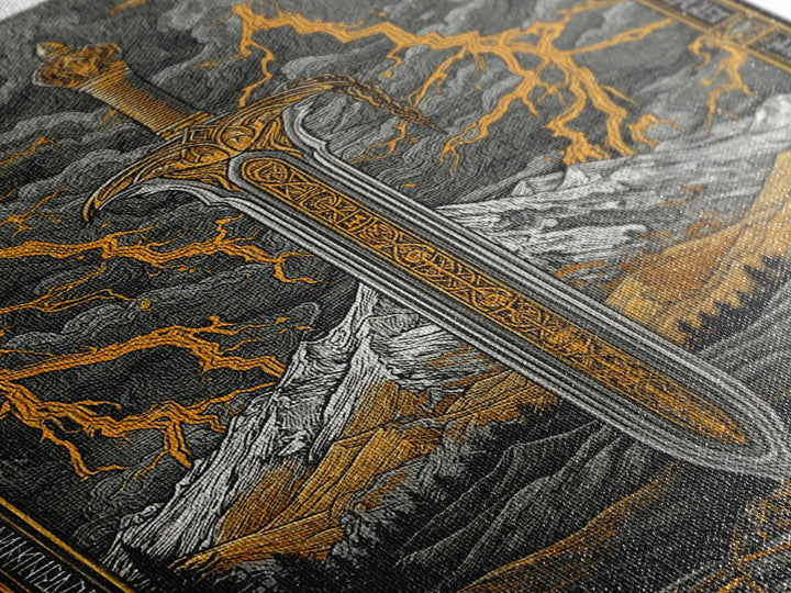 Odin’s Blade Canvas Gold Art, Lightning and Mountain Viking Sword Nordic Canvas Art, Office or Man Cave Decor, Wood Framed