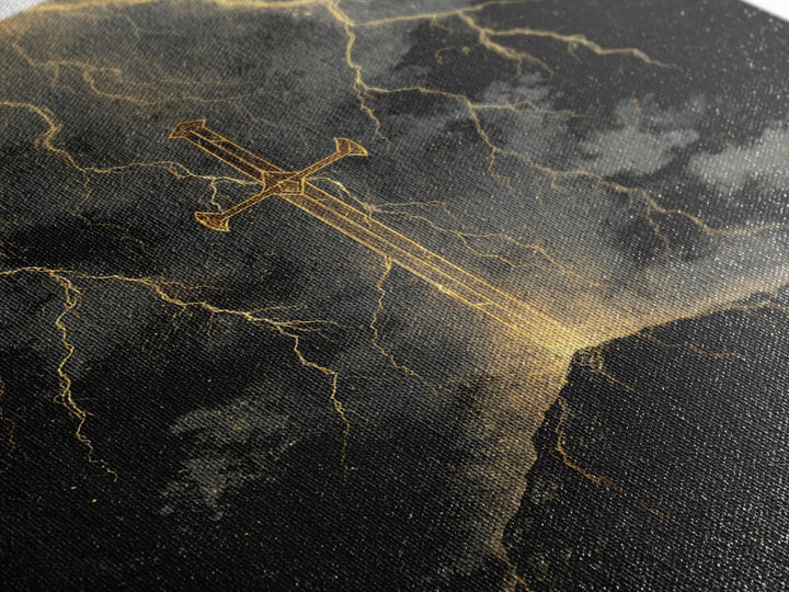 Storm Forged Sword Canvas Gold Art, Nordic Mythology Canvas Art with Lightning Strikes, Man Cave Office Decor, Real Wood Frame