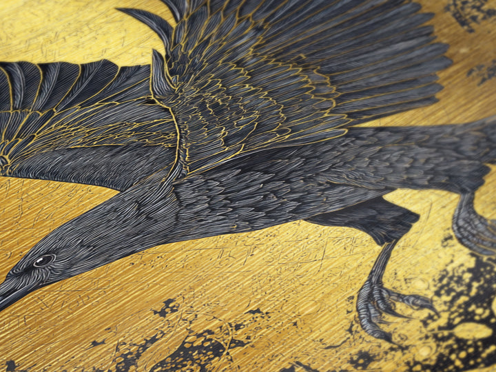 Raven of Odin Metallic Gold Art Metal Art | Norse Mythology Wall Decor | Viking Symbol Office Art Dad Gift | Natural Wood Frame