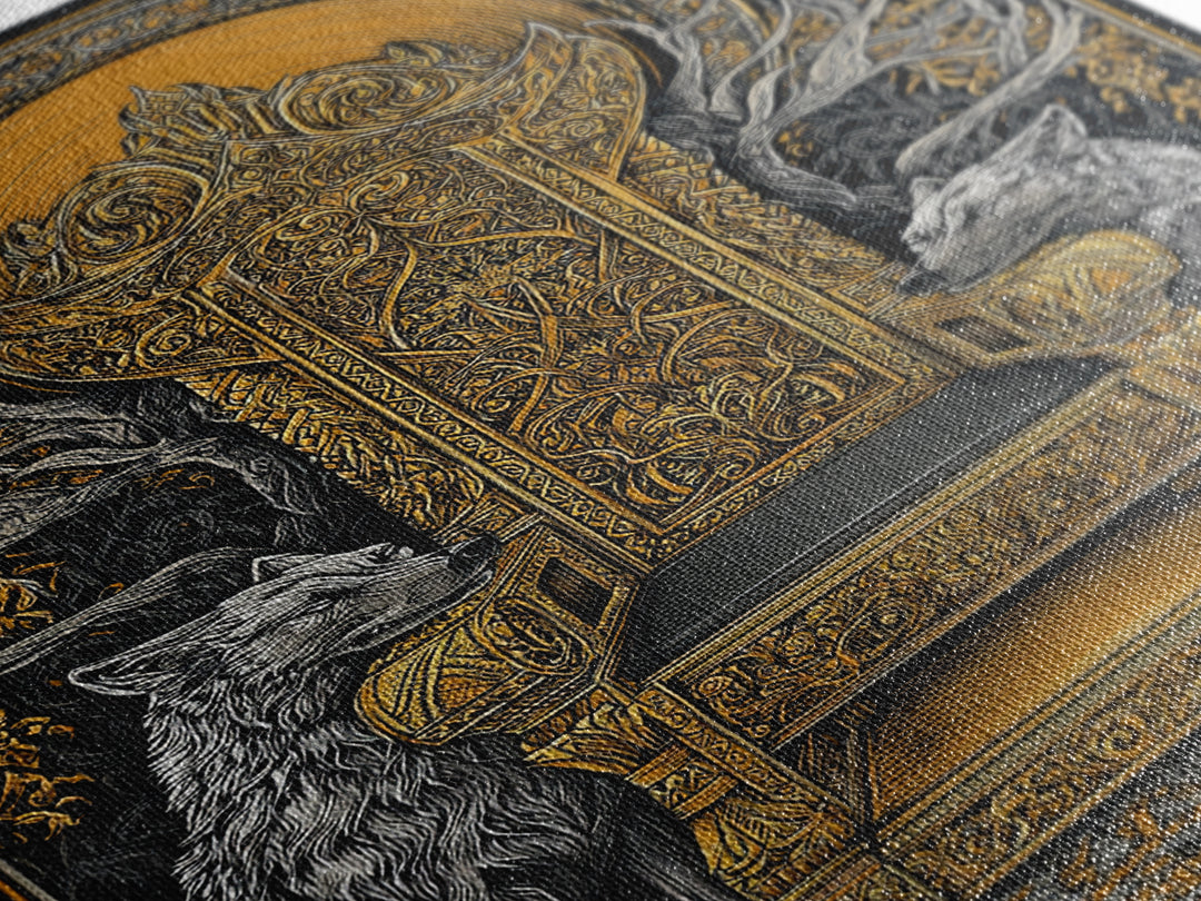 Yggdrasil Throne Canvas Gold Art, Norse Mythology Viking Chair Canvas Art, Office or Man Cave Wall Decor, Real Wood Frame Included