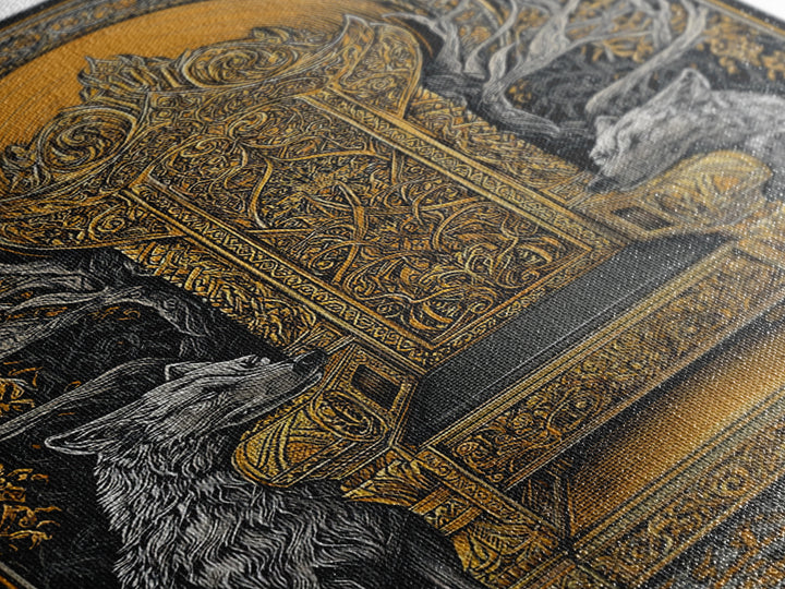 Yggdrasil Throne Canvas Gold Art, Norse Mythology Viking Chair Canvas Art, Office or Man Cave Wall Decor, Real Wood Frame Included