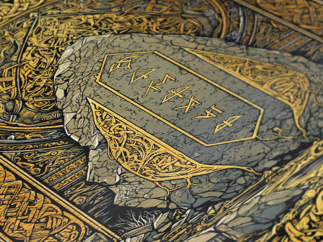 Obelisk Metallic Gold Art, Viking Metal Art Wall Decor with Norse Runes, Nordic Myth Inspired Office Decor in real wood frame