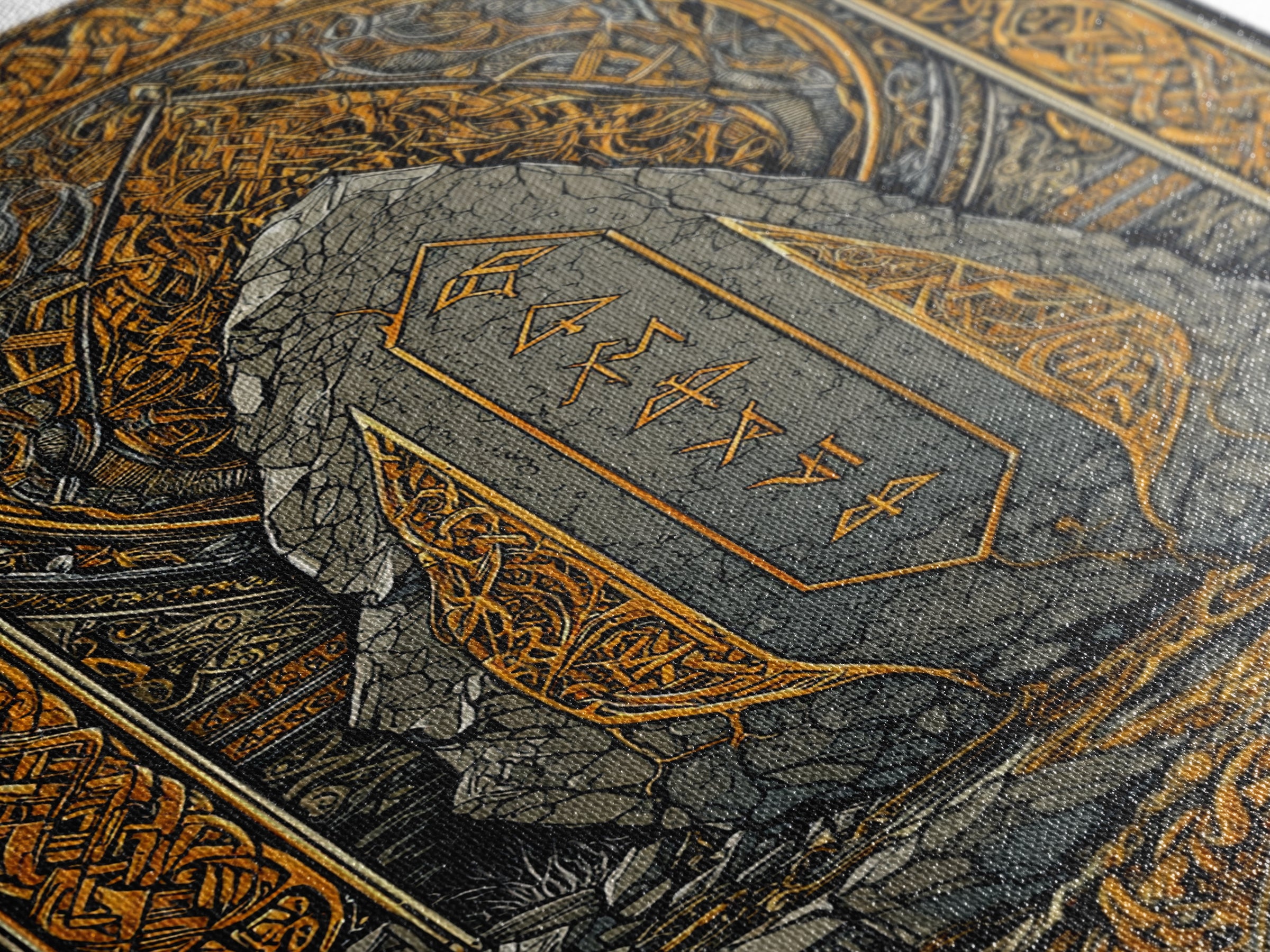 Obelisk Canvas Gold Art, Viking Canvas Art Wall Decor with Norse Runes, Nordic Myth Inspired Office Decor in real wood frame