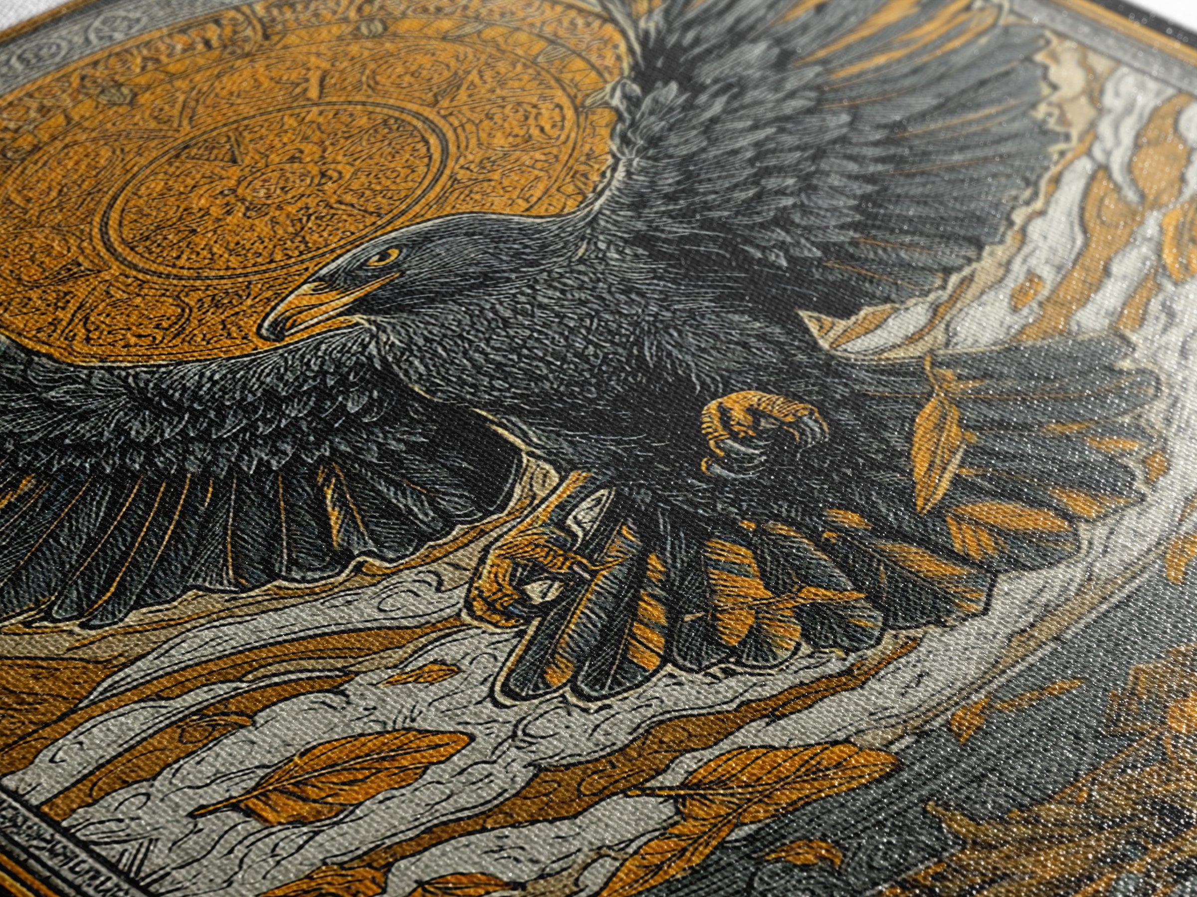 Nordic Eagle Guardian Canvas Gold Art Canvas Art | Viking Wall Decor Norse Mythology Art for Men | Mounted in Real Wood Frame