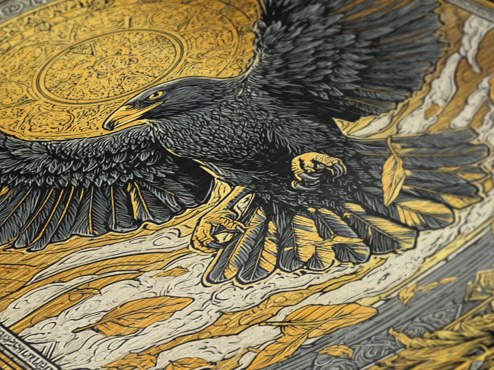 Nordic Eagle Guardian Metallic Gold Art Metal Art | Viking Wall Decor Norse Mythology Art for Men | Mounted in Real Wood Frame
