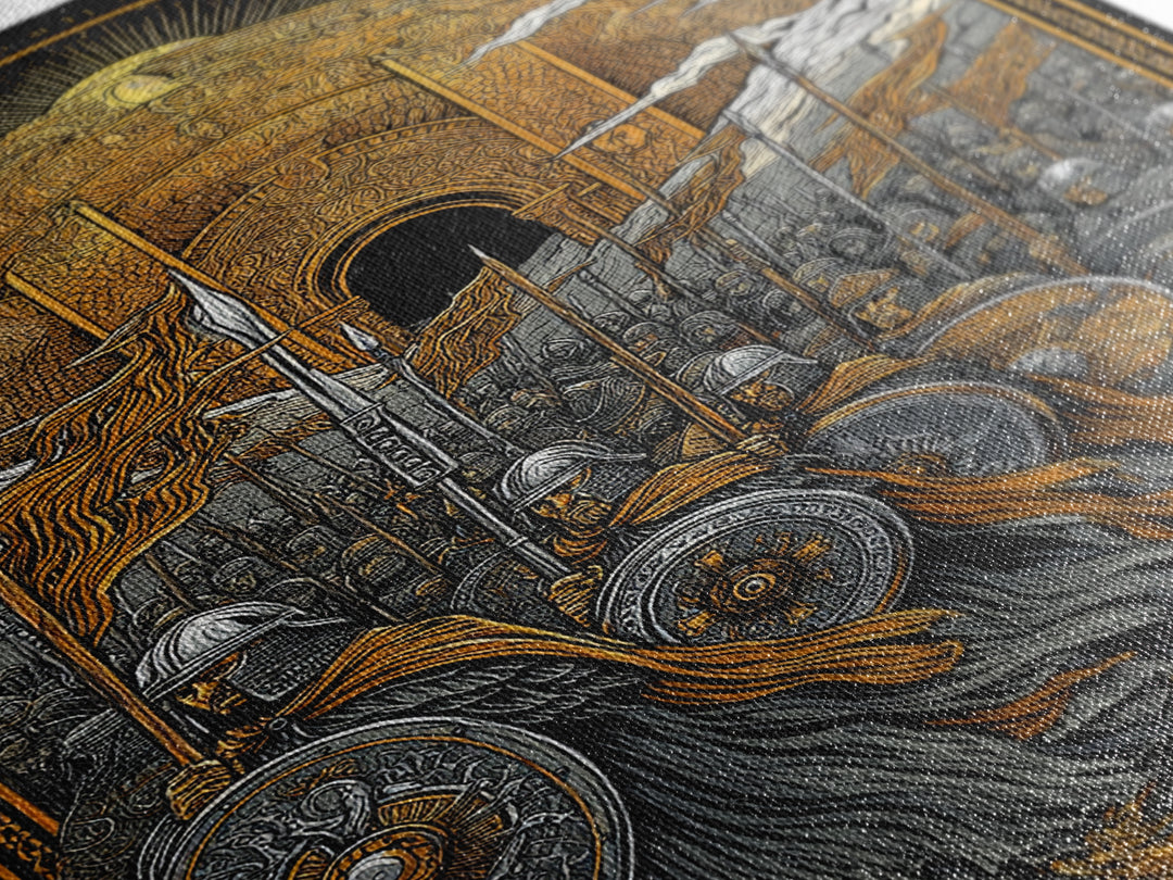 Asgardian Army Canvas Gold Art Canvas Art | Norse Mythology Wall Decor with Viking Soldiers | Office or Dad Gift in Wood Frame