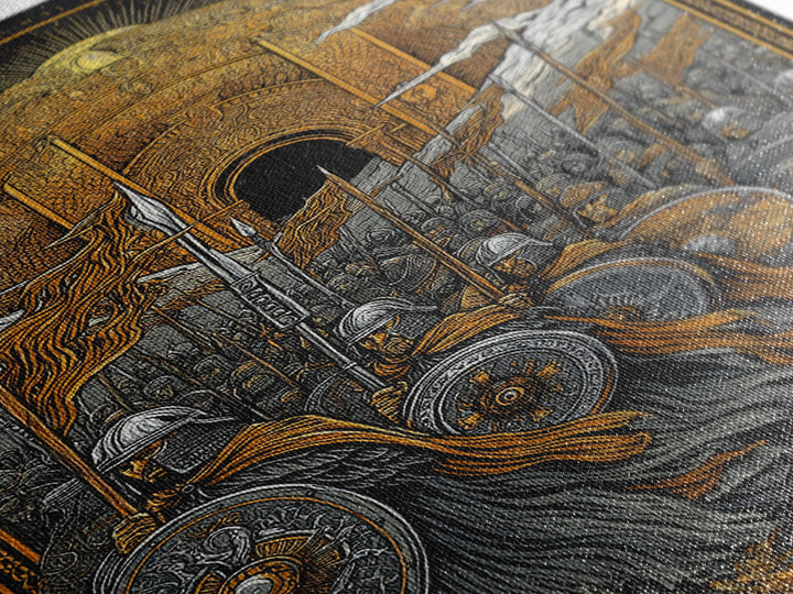 Asgardian Army Canvas Gold Art Canvas Art | Norse Mythology Wall Decor with Viking Soldiers | Office or Dad Gift in Wood Frame