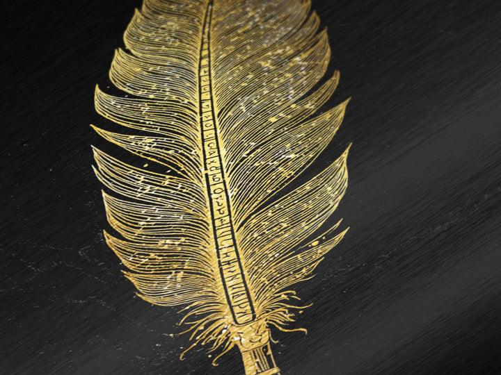 Runic Feather Quill Metallic Gold Art Metal Art | Viking Mythology Writing Symbol Wall Decor | Office or Study Gift with Wood Frame