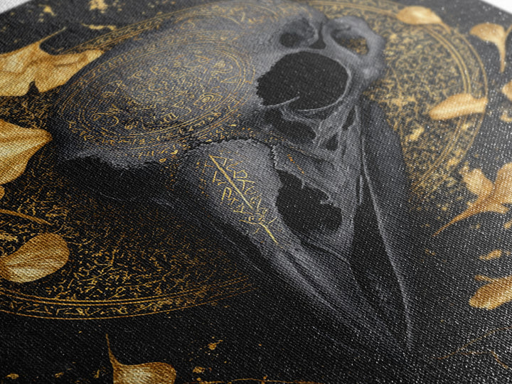 Raven Skull Canvas Gold Art Canvas Art | Odin’s Symbol Norse Mythology Wall Decor | Man Cave or Office Art with Natural Wood Frame