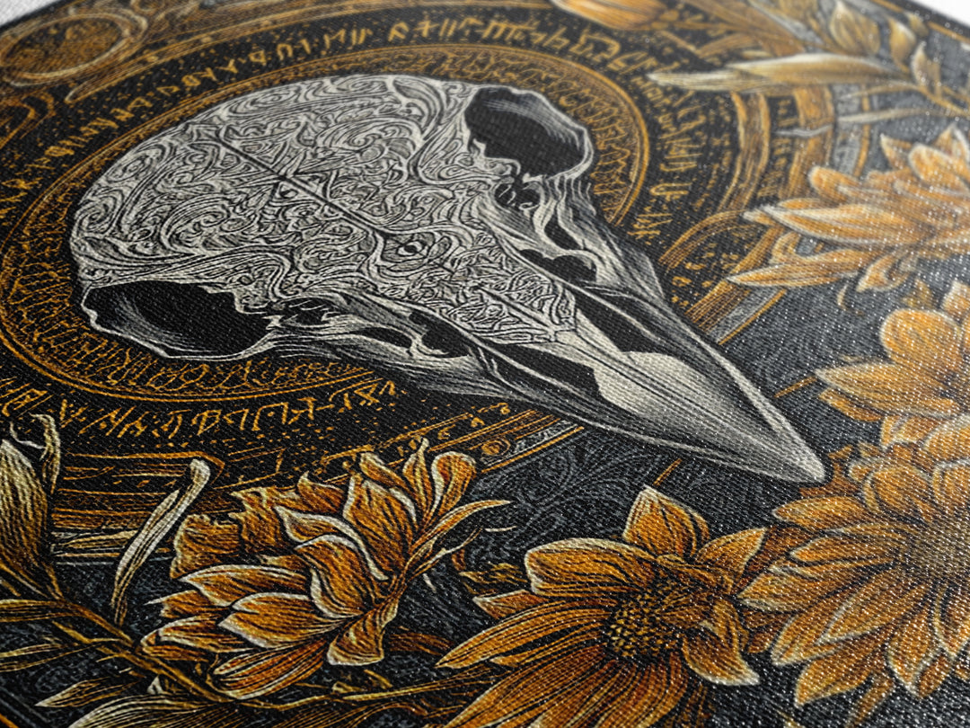 Floral Raven Skull Canvas Gold Art Canvas Art | Norse Mythology Pagan Decor for Office or Man Cave | Viking Symbol in Wood Frame