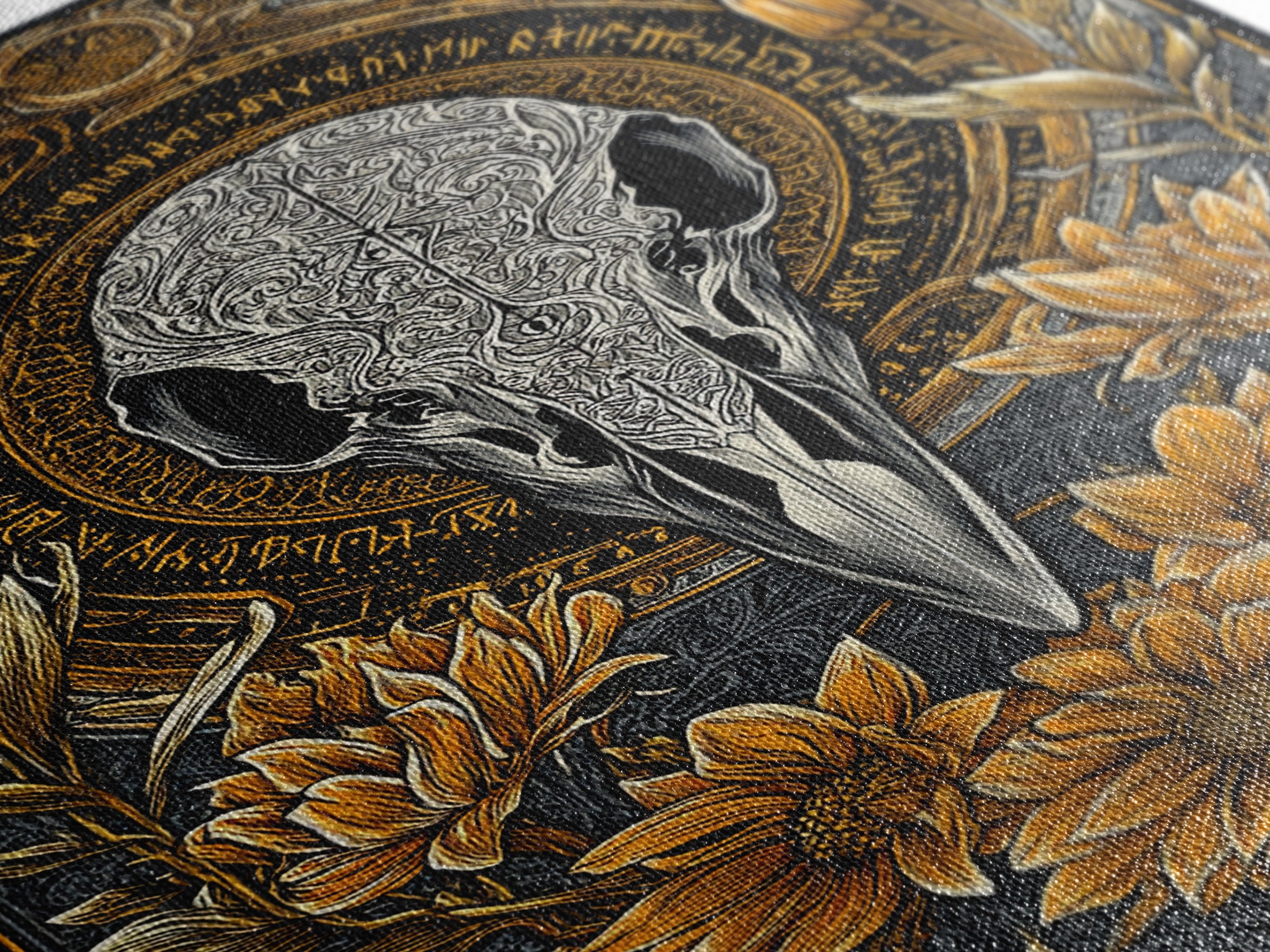 Floral Raven Skull Canvas Gold Art Canvas Art | Norse Mythology Pagan Decor for Office or Man Cave | Viking Symbol in Wood Frame