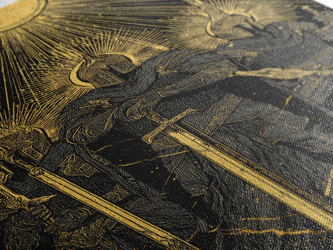 Einherjar Warriors Canvas Gold Art Canvas Art – Norse Afterlife Battle Viking Wall Decor for Dad Gift, Man Cave or Office, wood framed