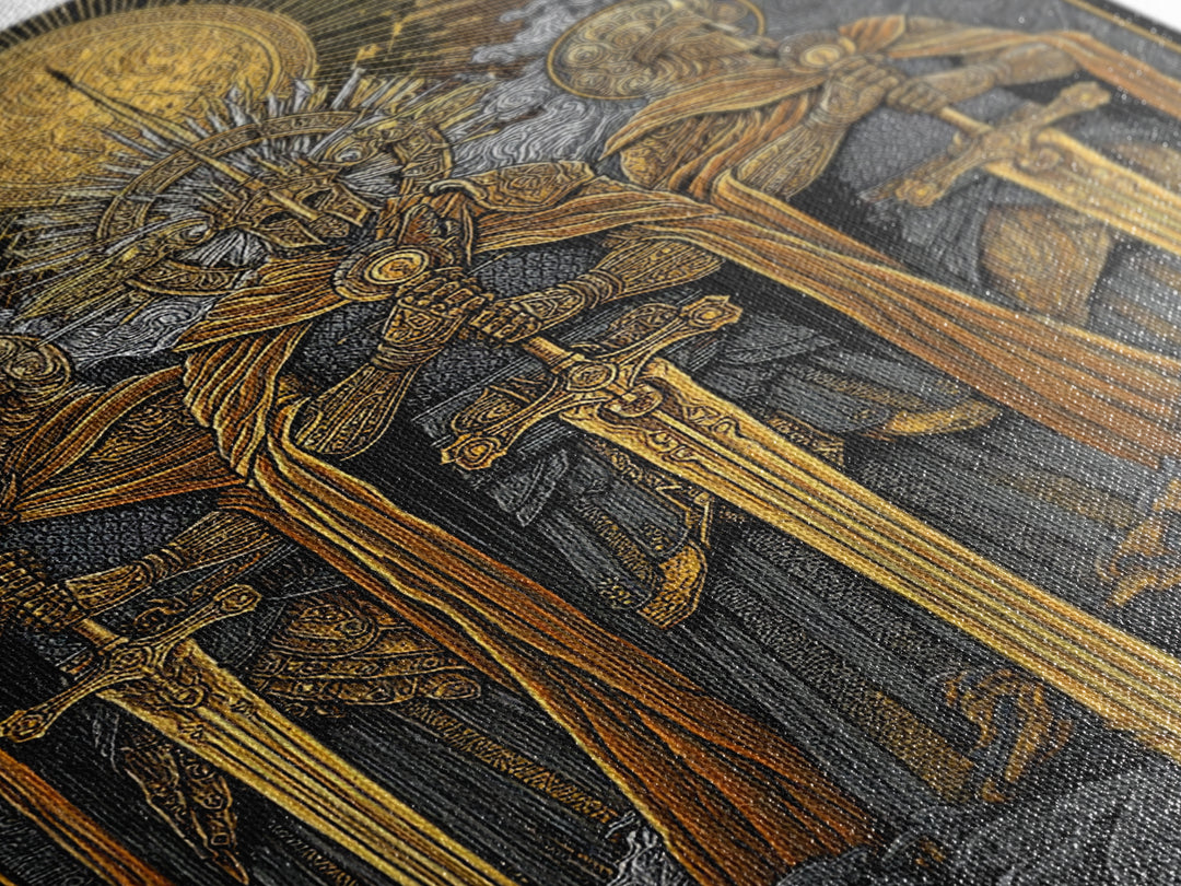 Brokkr and Sindri Canvas Gold Art Canvas Art – Dwarven Blacksmiths Norse Mythology Wall Decor, Office or Man Cave Gift, wood frame
