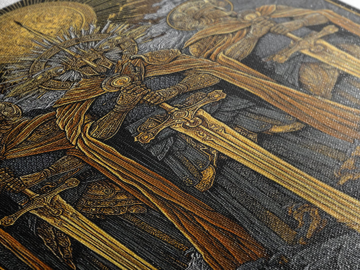 Brokkr and Sindri Canvas Gold Art Canvas Art – Dwarven Blacksmiths Norse Mythology Wall Decor, Office or Man Cave Gift, wood frame