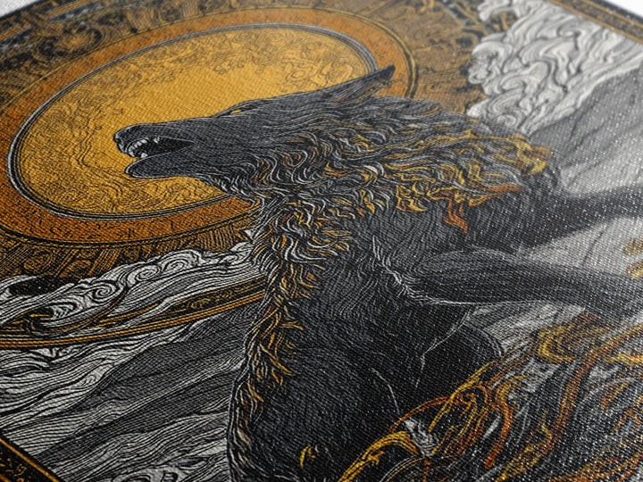 Fenrir Norse Wolf Myth Canvas Gold Art Canvas Art, Nordic Wall Decor with natural wood frame, Viking Man Cave Wall Hanging Office