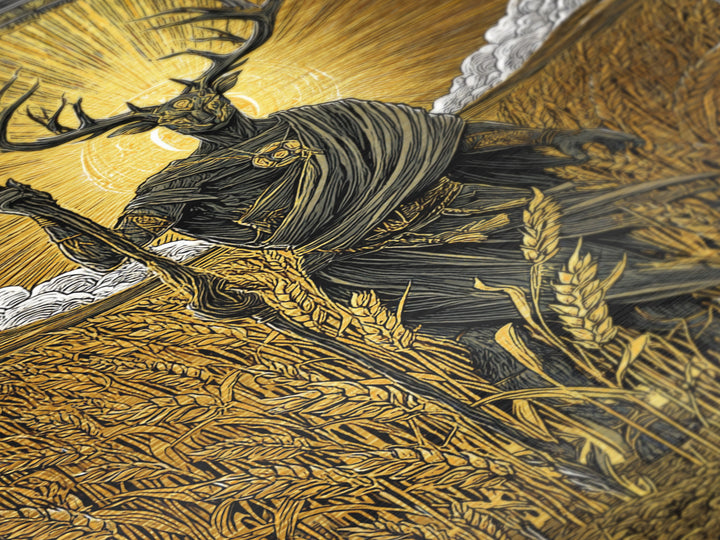 Norse God Frey Metallic Gold Art Metal Art, Nordic Mythology Wall Decor, framed in real wood, Viking Office Wall Art, Unique Dad Gift