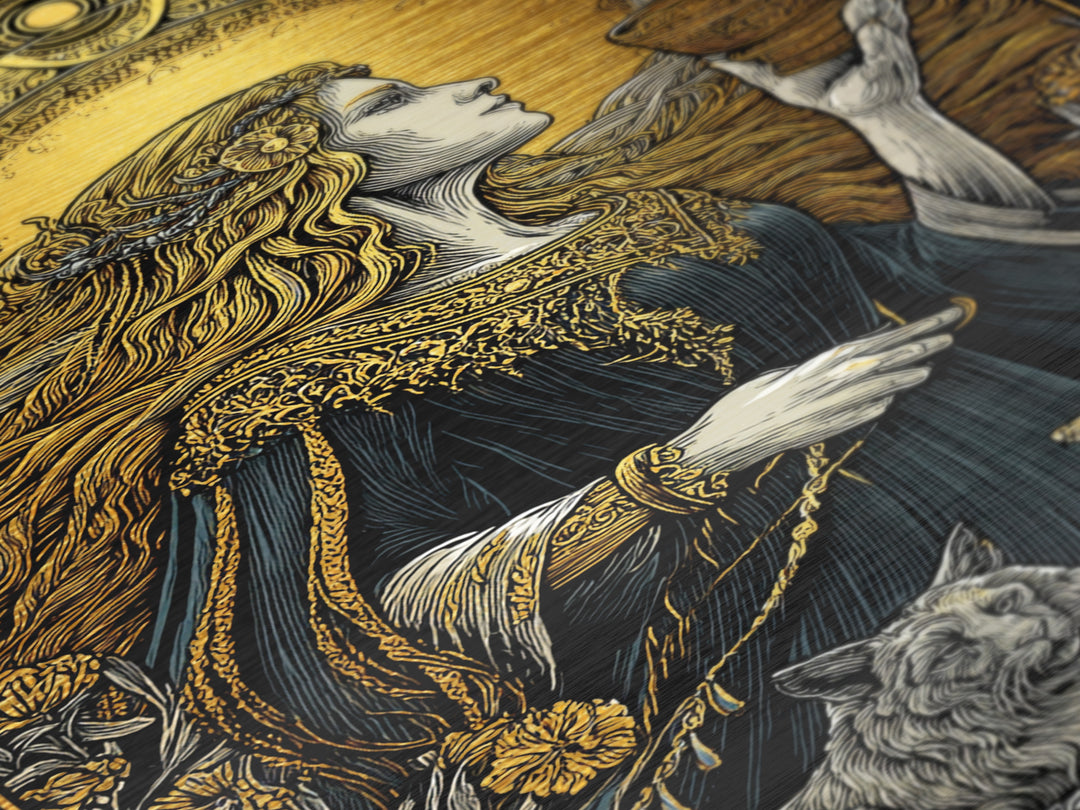 Norse Goddess Freyja Metallic Gold Art Metal Art, Viking Wall Decor framed in natural wood, Nordic Office Art and Unique Gift for Him