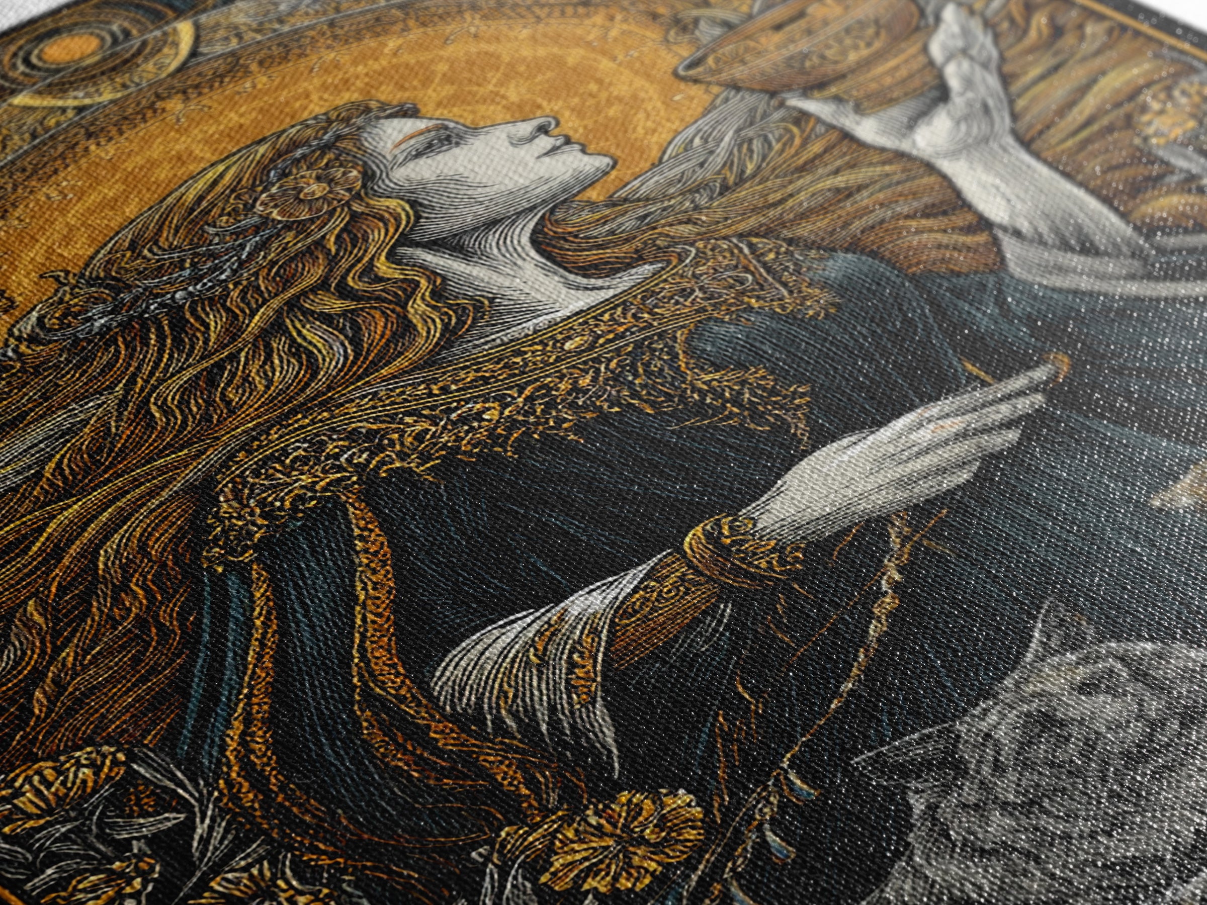 Norse Goddess Freyja Canvas Gold Art Canvas Art, Viking Wall Decor framed in natural wood, Nordic Office Art and Unique Gift for Him
