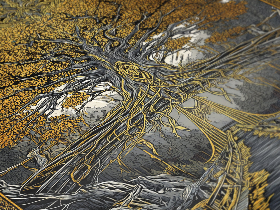 Nordic Helheim Bridge Mythology Print Metallic Gold Art Metal Art Viking Wall Decor for Men Office or Dad Gift framed in wood